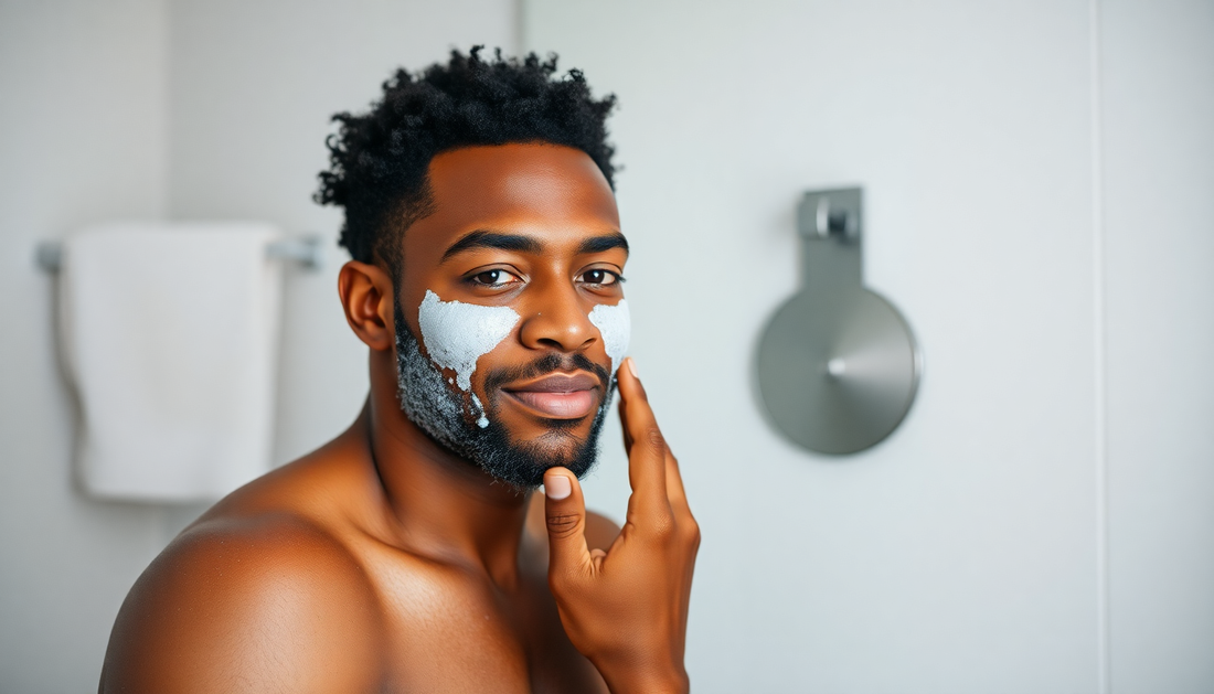 black man in bathroom facial routine